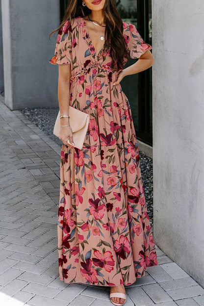 CD | Elegant florale patchwork V gât o linie rochii (4 culori)