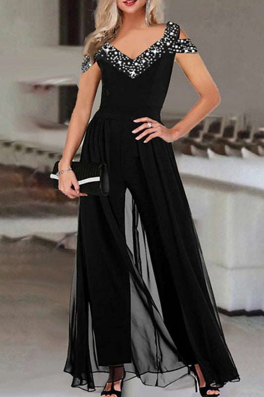 CD | Casual Print Patchwork V-Neck Regular Jumpsuits