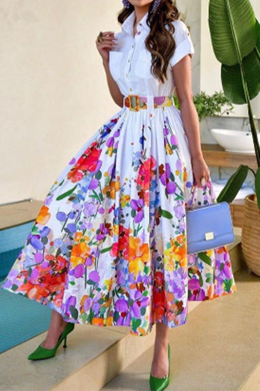 CD | Celebrități Elegant Floral Belted Turn Down Collar imprimate rochie Rochie cu mânecă scurtă