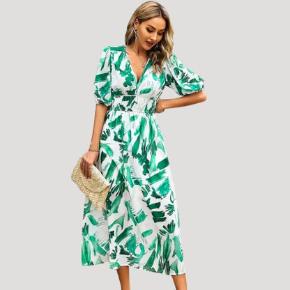 CD | Ladies maneca bufanta V-neck imprimate rochie midi