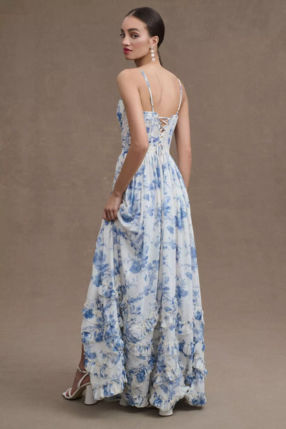 CD | Rochie lungă stil corset cu bretele înguste, tiv cu volane și imprimeu floral