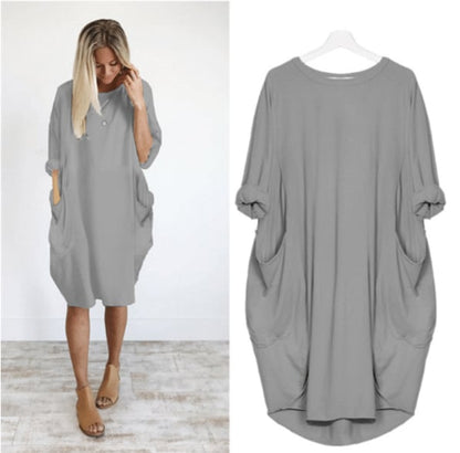 CD | Rochie midi pentru femei - Ținută relaxată - Amestec respirabil - Decolteu rotund - Buzunare laterale