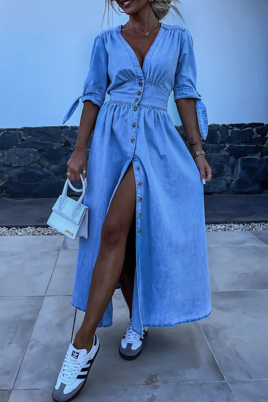 CD | Elegant solid face catarama vechi V-neck jumătate mâneci vrac rochii denim