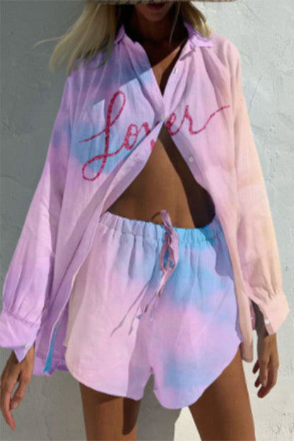 CD | Casual Vintage Geometric Print Drawstring Pocket Turndown Collar Long Sleeve Two Piece