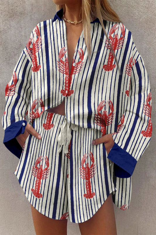 CD | Casual Vintage Geometric Print Drawstring Pocket Turndown Collar Long Sleeve Two Piece