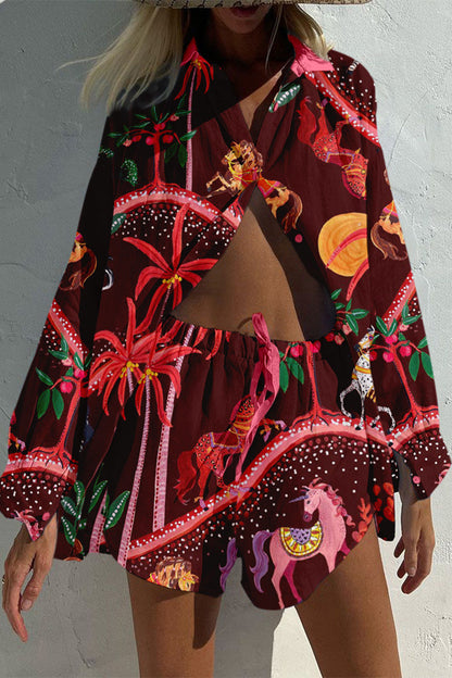 CD | Casual Vintage Geometric Print Drawstring Pocket Turndown Collar Long Sleeve Two Piece