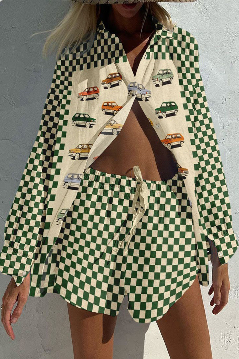 CD | Casual Vintage Geometric Print Drawstring Pocket Turndown Collar Long Sleeve Two Piece