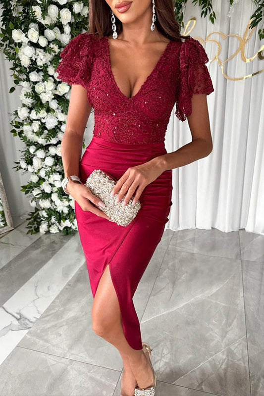 CD | Celebrități Elegant solid paiete plisat V decolteu Wrapped fusta rochii