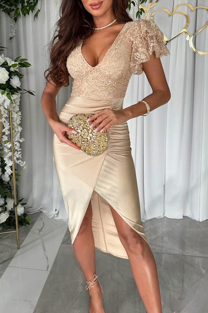 CD | Celebrități Elegant solid paiete plisat V decolteu Wrapped fusta rochii