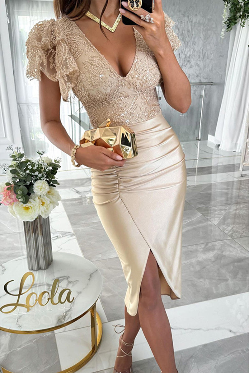 CD | Celebrități Elegant solid paiete plisat V decolteu Wrapped fusta rochii
