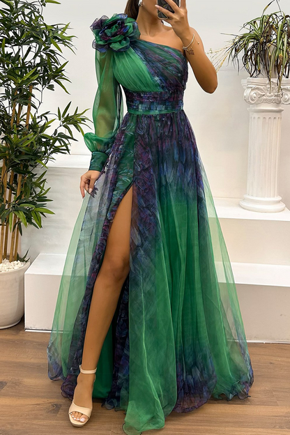 CD | Sexy Prom Floral Print Slit Mesh Flower Shape Off Shoulder Evening Dresses (6 culori)