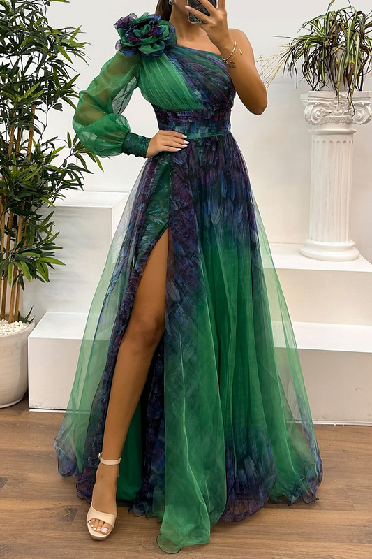 CD | Sexy Prom Floral Print Slit Mesh Flower Shape Off Shoulder Evening Dresses (6 culori)