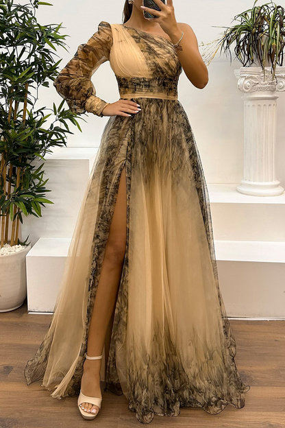 CD | Sexy Prom Floral Print Slit Mesh Flower Shape Off Shoulder Evening Dresses (6 culori)