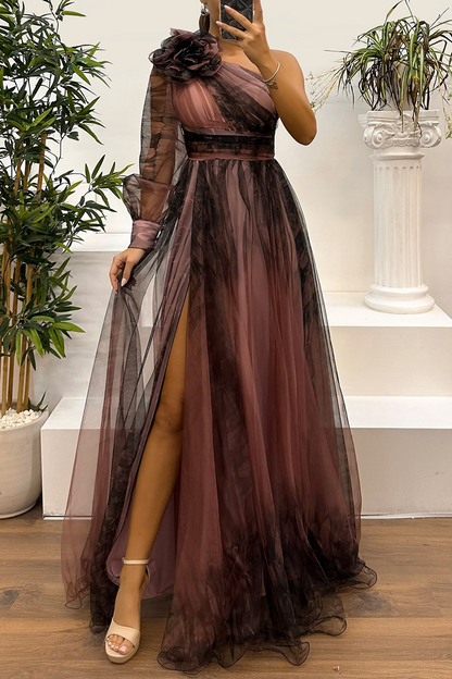 CD | Sexy Prom Floral Print Slit Mesh Flower Shape Off Shoulder Evening Dresses (6 culori)