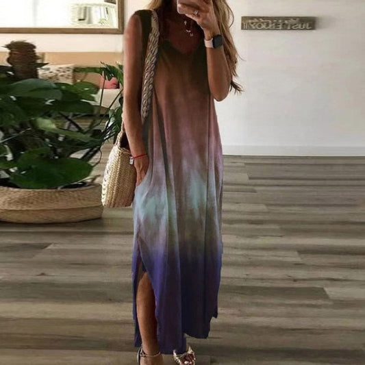 CD | Rochie maxi pentru femei - design gradient de culoare - amestec de bumbac - fără mâneci - fantă înaltă - croială largă