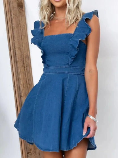 CD | Rochie mini din denim încrețită cu decolteu pătrat