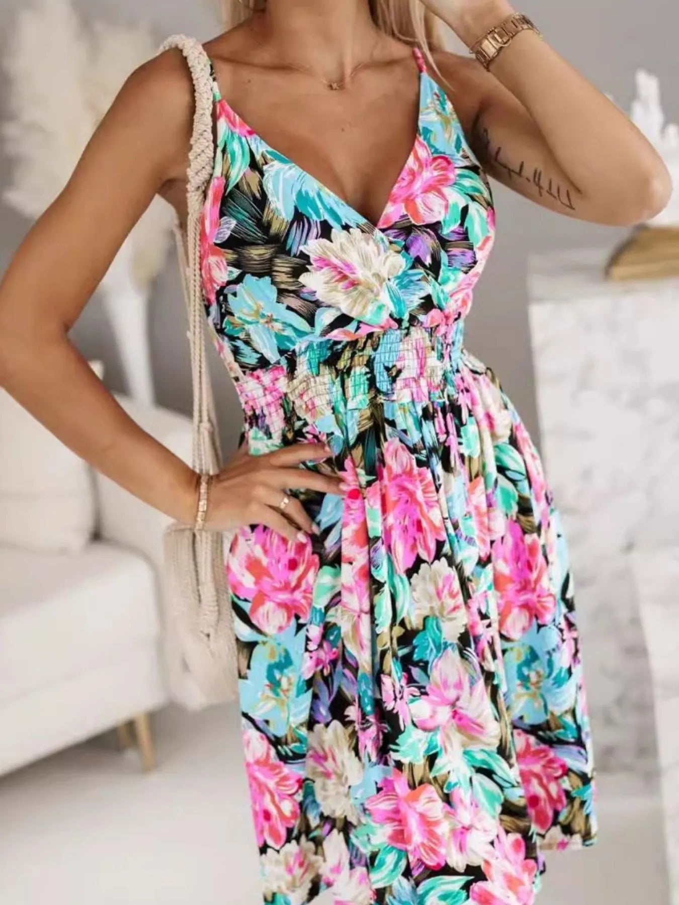 CD | Tropical Print Spaghetti Strap Mini Rochie