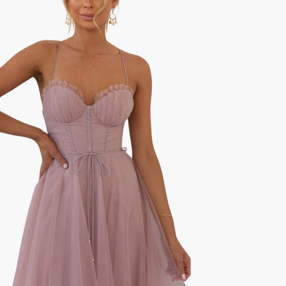 CD | Rochie maxi din tul pentru femei cu bretele spaghetti și bust adunat
