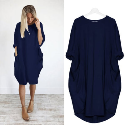 CD | Rochie midi pentru femei - Ținută relaxată - Amestec respirabil - Decolteu rotund - Buzunare laterale