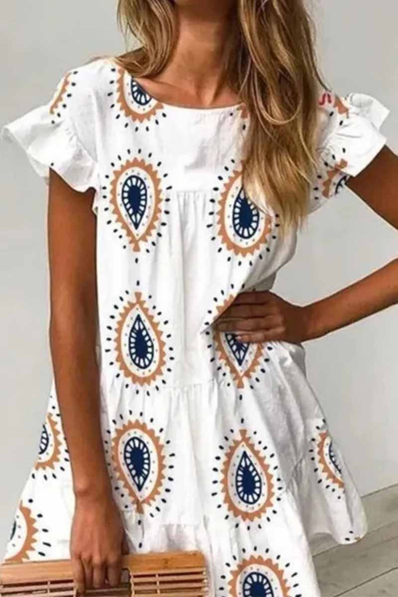 CD | Omyke gât rotund imprimare apă picătură rochie mini