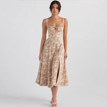 CD | Rochie midi pentru femei - fără mâneci - cu cravată în față - imprimeu floral - ușor, cu croială evazată