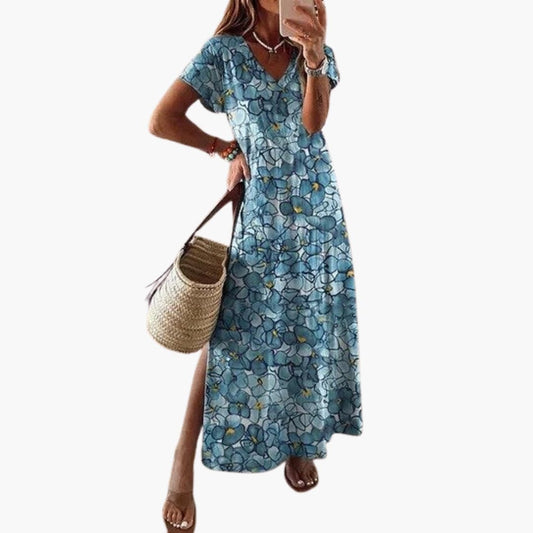 CD | Rochie maxi florală pentru femei cu decolteu în V și crăpătură laterală