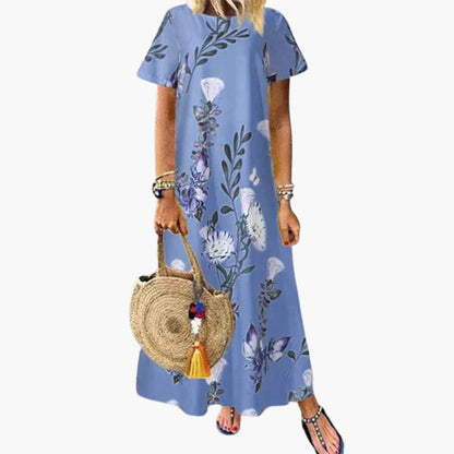 CD | Rochie maxi pentru femei cu model floral, mâneci scurte și decolteu rotund