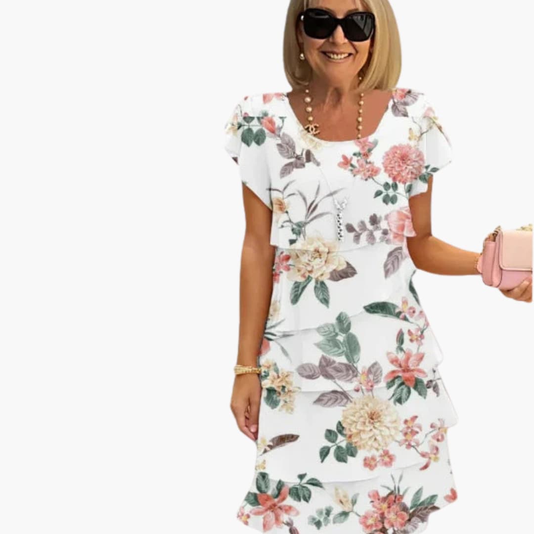 CD | Rochie midi florală pentru femei, cu mâneci scurte și straturi legate