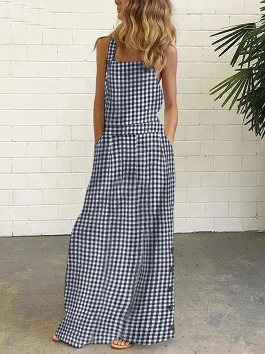 CD | Rochie maxi pentru femei - Model Gingham - Ținută relaxată - Decolteu pătrat - Bretele largi - Fermoar cu nasturi