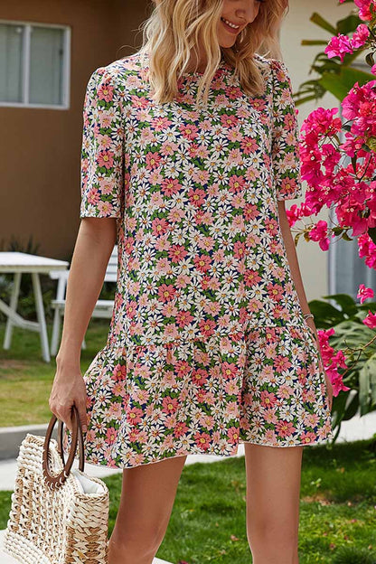 CD | Omyke Rochie mini cu decolteu rotund și volane florale
