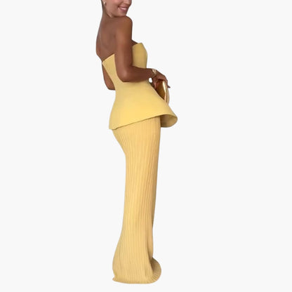 CD | Rochie maxi fără bretele pentru femei cu fustă plisată și corset peplum