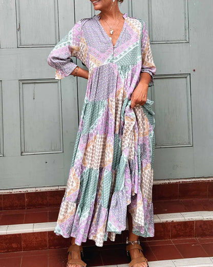 CD | Rochie maxi colorată cu imprimeu colorblock și mâneci 3/4