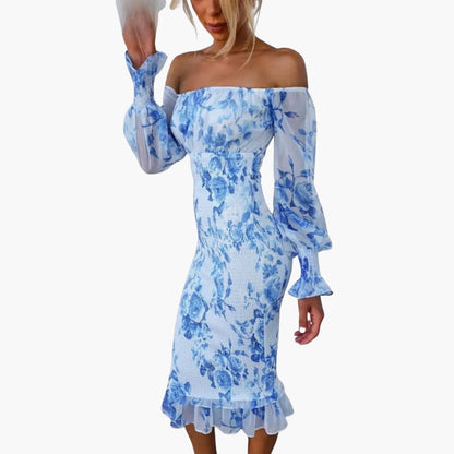 CD | Rochie midi de vară pentru femei cu imprimeu floral și mâneci transparente