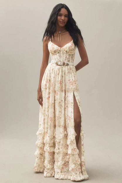 CD | Rochie lungă stil corset cu bretele înguste, tiv cu volane și imprimeu floral