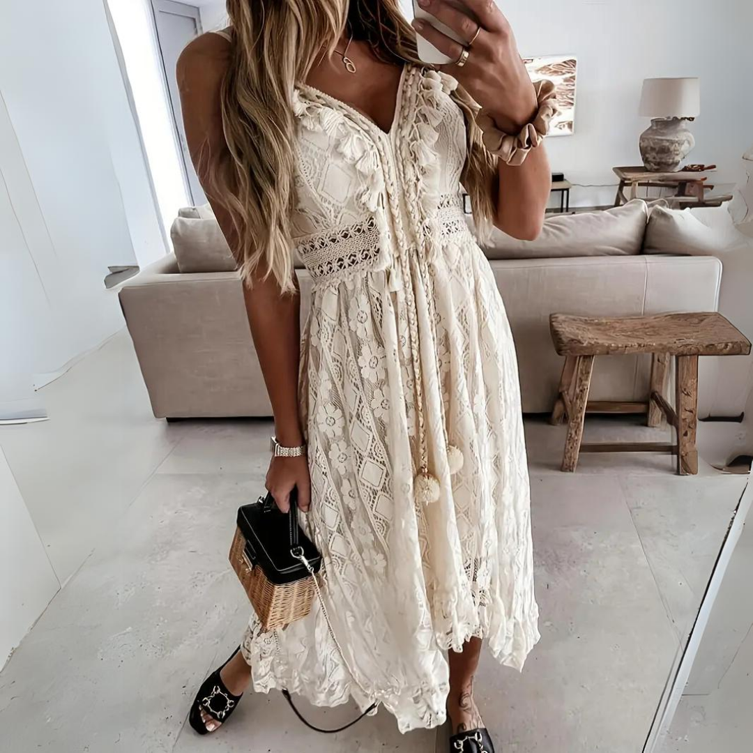 CD | Rochie midi pentru femei - Ținută relaxată - Detaliu dantelă - Decolteu în V - Stil boho - Material respirabil