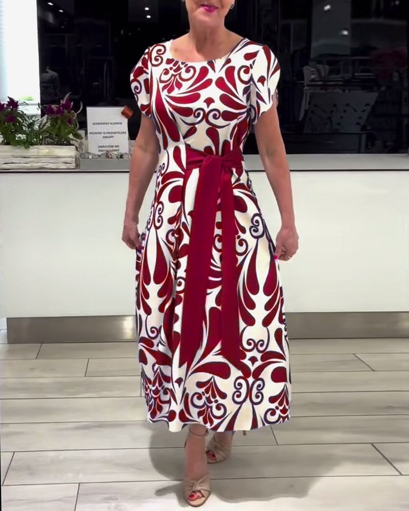 CD | Rochie elegantă cu mânecă scurtă, cu imprimeu și talie