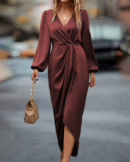 CD | Rochie wrap de culoare bordeaux cu mâneci balon pentru femei