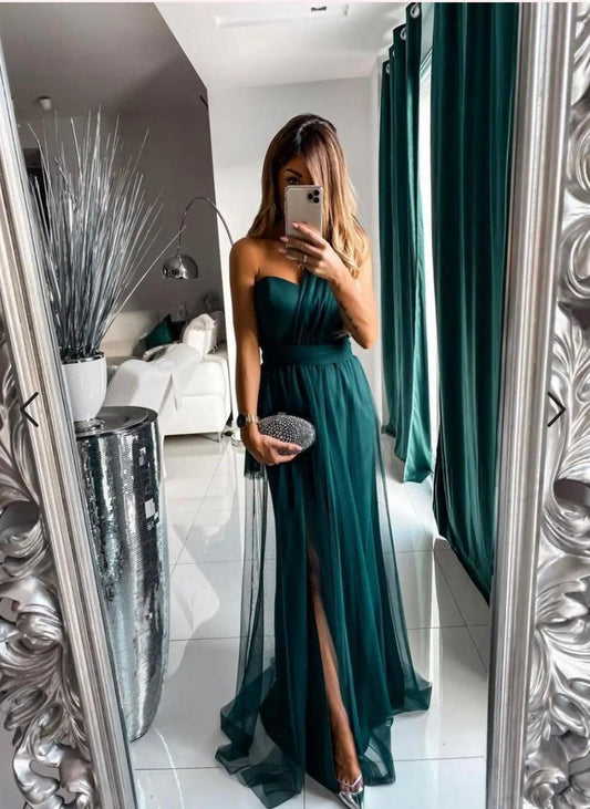 CD | Rochie de seară lungă cu un umăr, cu voal suprapus pe fustă