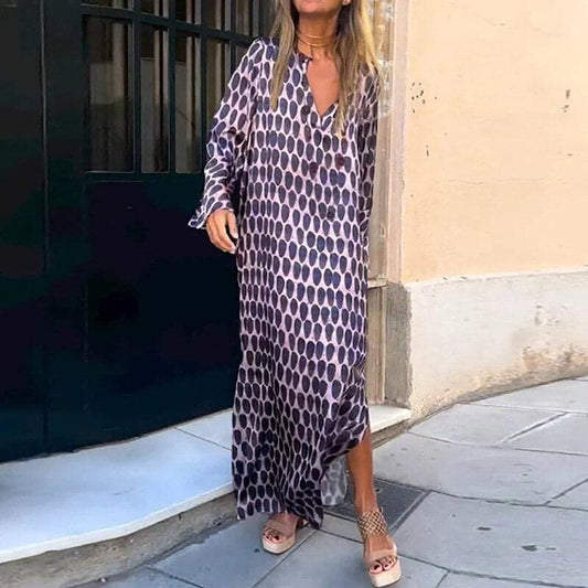 CD | Rochie maxi pentru femei - Ținută lejeră - Decolteu în V - Mâneci lungi - Fante laterale - Imprimeu îndrăzneț