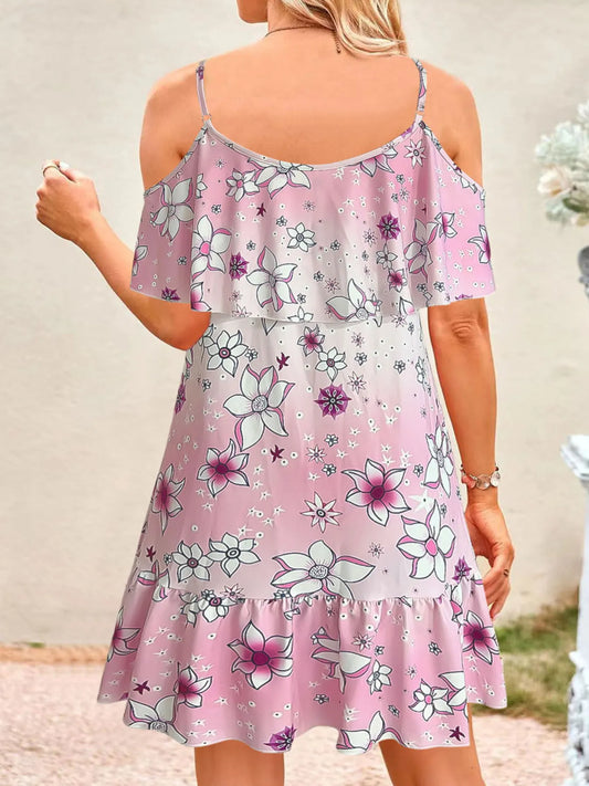 CD | Floral Cold Shoulder Ruffle Mini Rochie