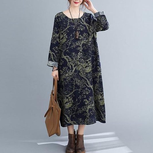 CD | 2020 Toamna Vintage Style O-Neck Print Loose confortabil rochii lungi pentru femei