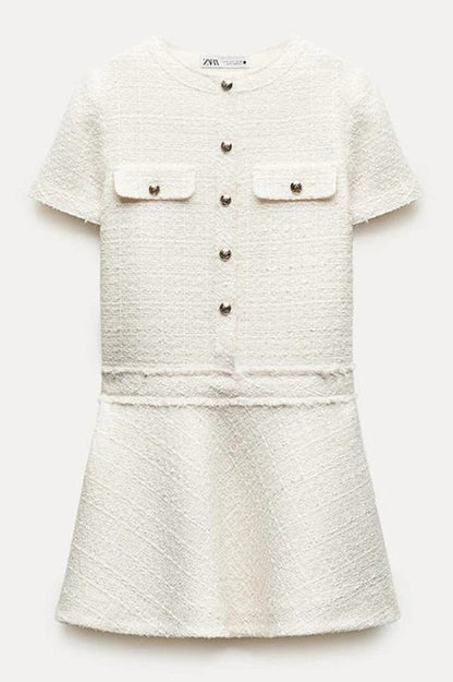 CD | 1960s London Girl tweed texturat aur buton cu mânecă scurtă buzunar mini rochie