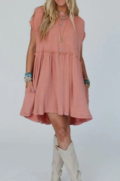 CD | Corded Knit Texturat patch-uri buzunar Frilled Swing rochie mini cu buzunare