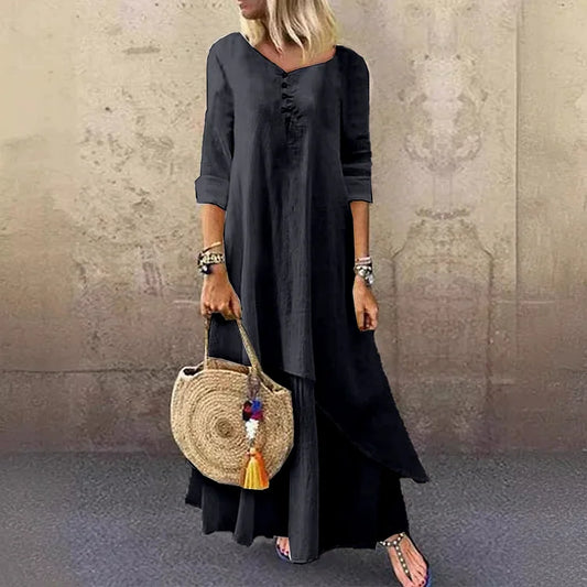 CD | Rochie midi de damă - Ținută relaxată - Fibre naturale - Tiv asimetric - Mâneci 3/4