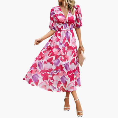 CD | Rochie midi de vară pentru femei cu imprimeu floral și mâneci lanternă