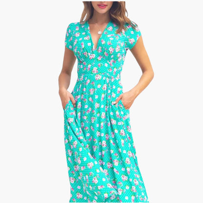 CD | Rochie midi florală pentru femei cu buzunare și mâneci scurte