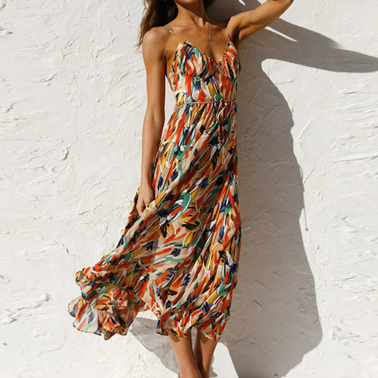CD | 2024 Moda de vara Elegant V-Neck Backless Sling Boho Dress