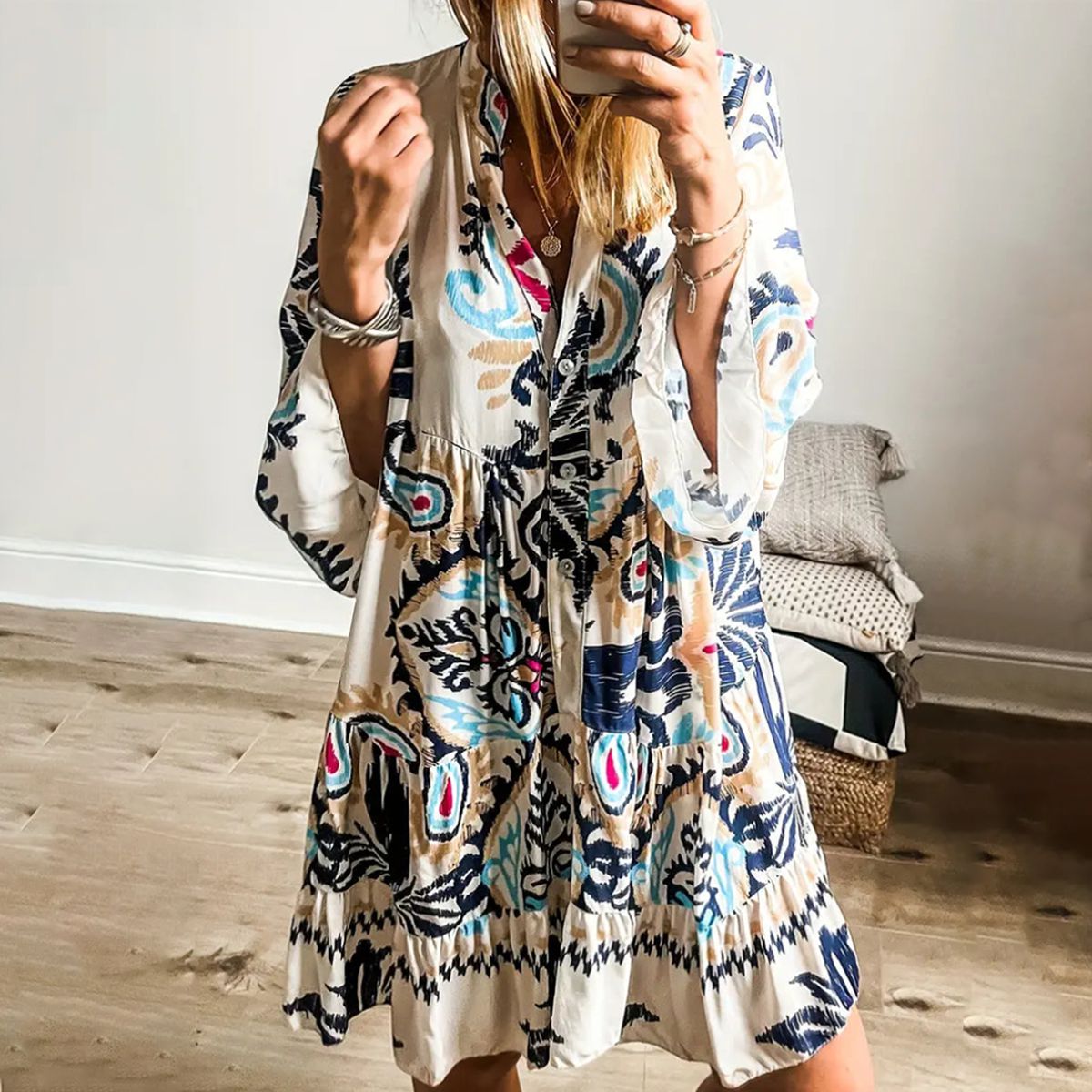 CD | Rochie mini cu mânecă lungă imprimată Unique