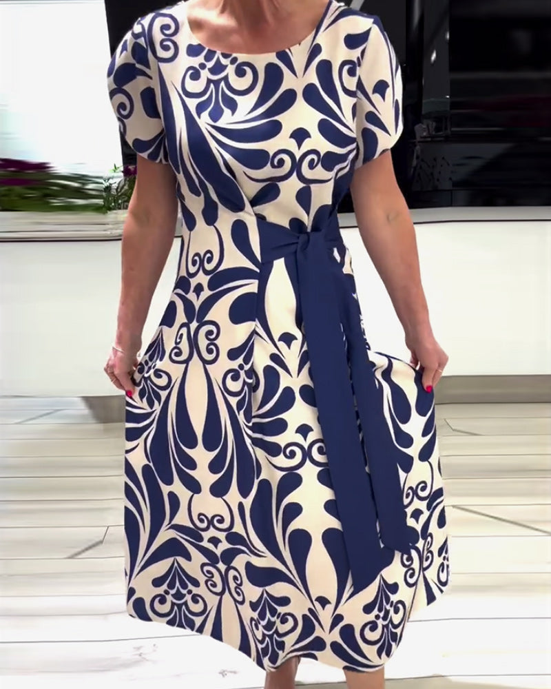 CD | Rochie elegantă cu mânecă scurtă, cu imprimeu și talie