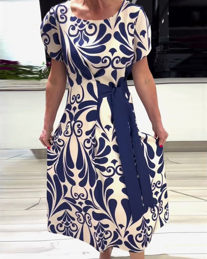 CD | Rochie elegantă cu mânecă scurtă, cu imprimeu și talie